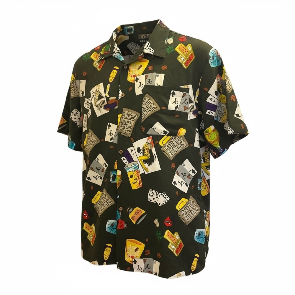 Koman Sport Mens XL Hawaiian Shirt‎ Gambling Dice Cards Liquor Print Button Up